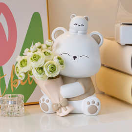 可爱捧花暴力熊客厅摆件电视柜桌面卧室房间装饰品母亲节礼物实用