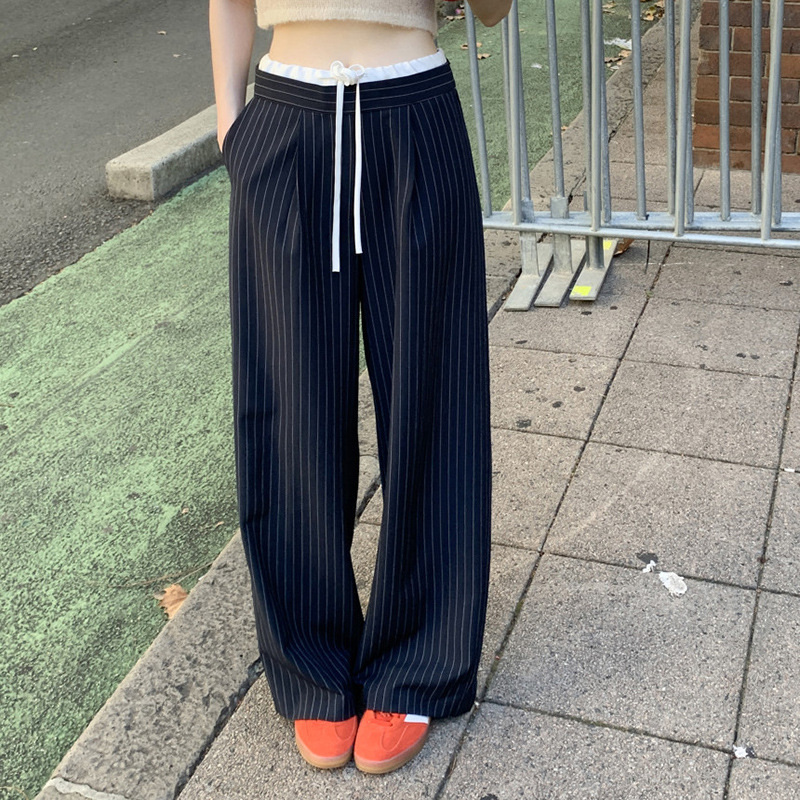 Commuting-Friendly Versatile High-Waisted Striped Casual Loose Wide-Leg Pants with Waist Tie and Patchwork Design, Suit-Style Casual Pants Commuting-Friendly Versatile High-Waisted Striped Casual Loose Wide-Leg Pants with Waist Tie and Patchwork Design, Suit-Style Casual Pants