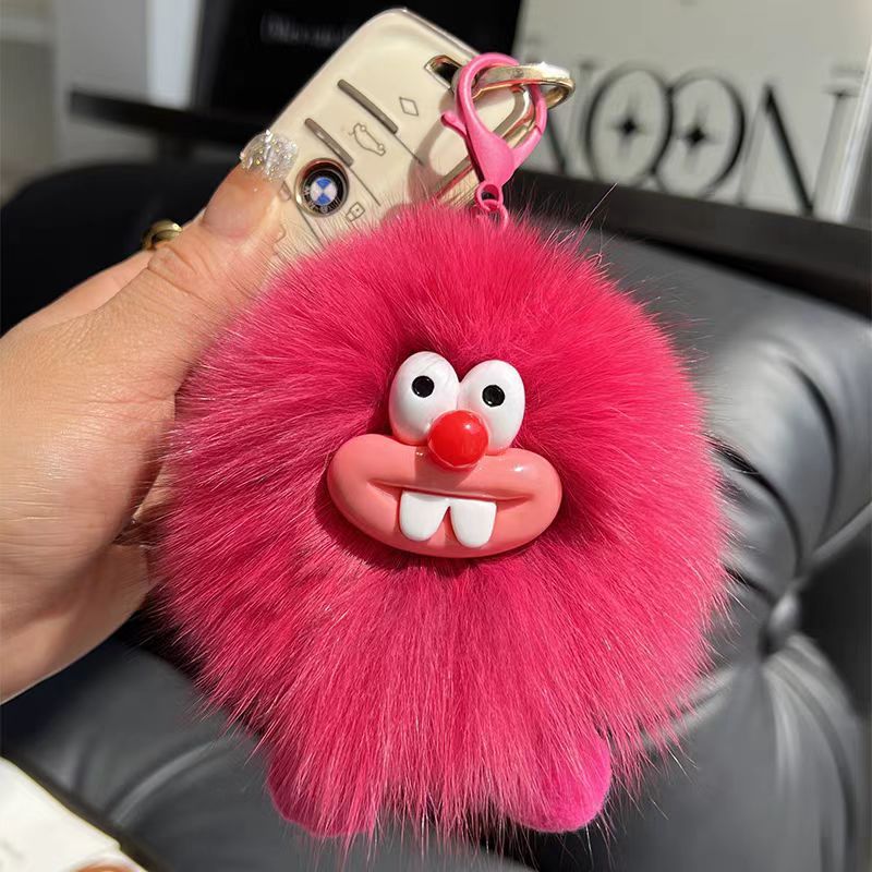 Feo lindo pelo de zorro pequeño carbón bolsas de llaves de automóvil colgantes en red muñeca de peluche rojo bolsas colgantes
