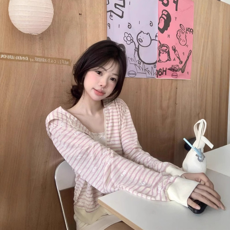 Gentle and Sweet Style Striped Hooded Long-Sleeved Jacket Women's Summer Casual Age-Reducing Bow Print Cardigan Top Gentle and Sweet Style Striped Hooded Long-Sleeved Jacket Women's Summer Casual Age-Reducing Bow Print Cardigan Top