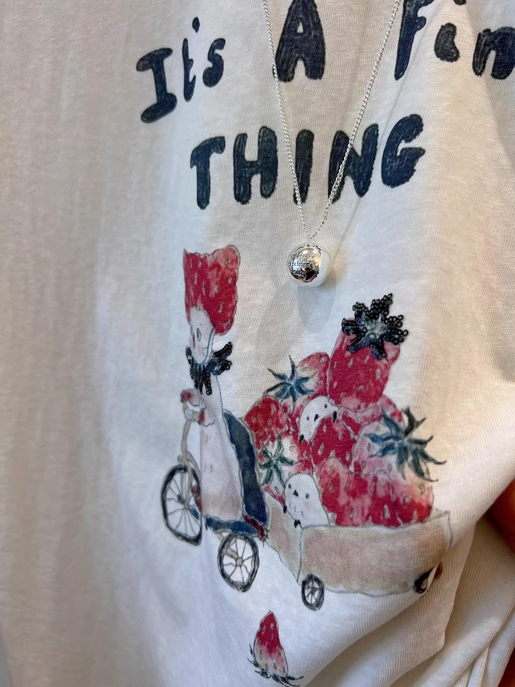 Super Beautiful Lace Sleeves! Korean Simple Casual Strawberry Print Cartoon Youthful Versatile Slimming Short-Sleeve T-Shirt for Women