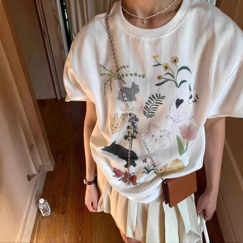 chubby girl Korean Style Childish Design Sense Cartoon Rabbit Extras Large Size Loose Short-sleeved T-shirt Women's Summer Half-sleeved White Top chubby girl Korean Style Childish Design Sense Cartoon Rabbit Extras Large Size Loose Short-sleeved T-shirt Women's Summer Half-sleeved White Top