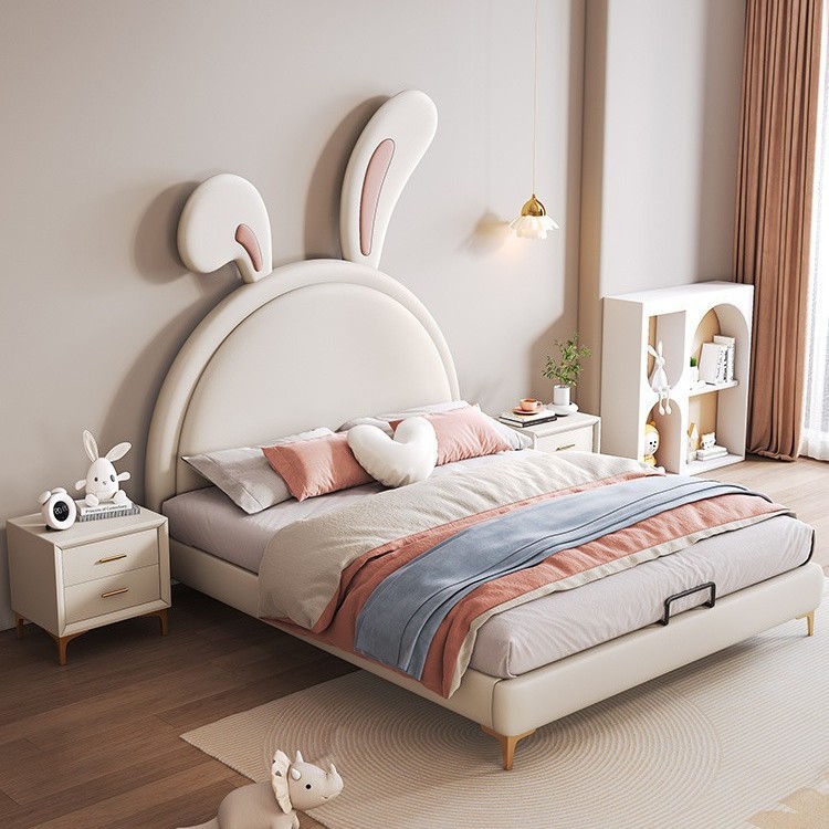 Cama de cuero de conejo de dibujos animados moderna y ligera Cama de niños Cama de princesa Cama de 1.2m Cama de almacenamiento