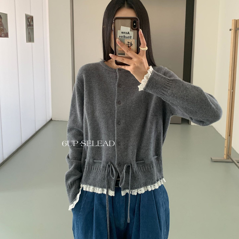 6up Autumn and Winter Korean Style Full Wool Lace Strap Lace Splicing Sweater 2025 Guangzhou Thirteen Lines New Style 50282