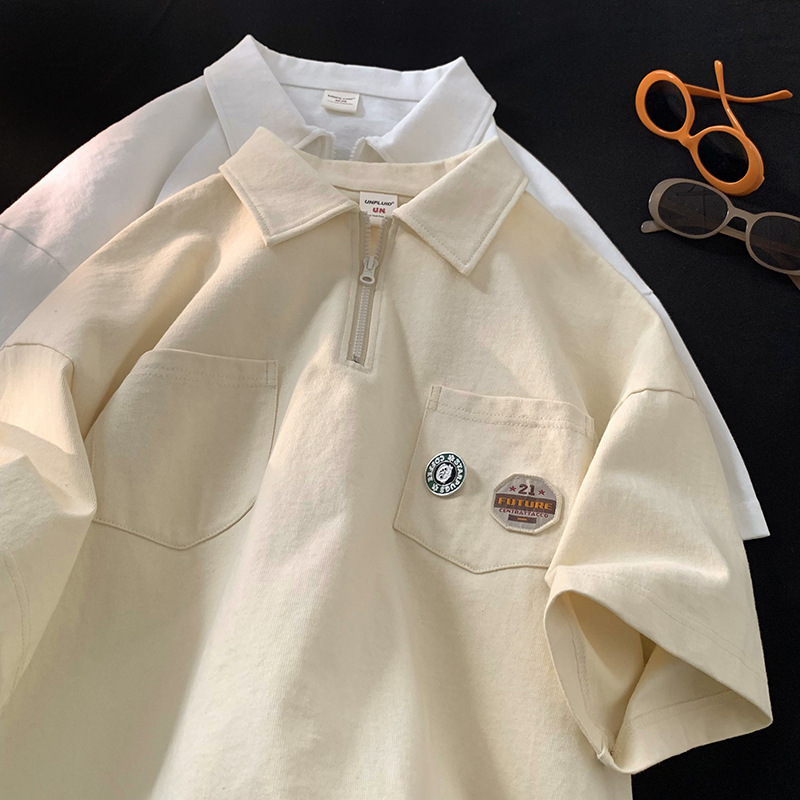 Camisa de polo de solapa con media cremallera marca de moda de verano para hombres Camiseta de manga corta ins moda Suelta todo fósforo estilo Hong Kong ropa de trabajo superior