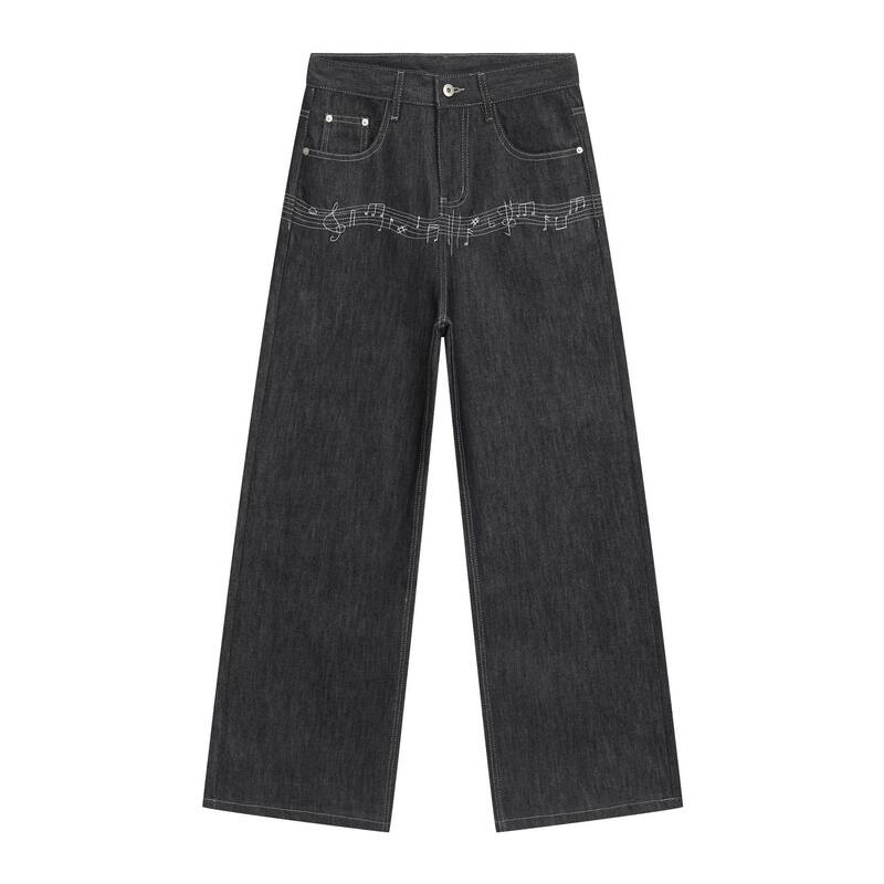 Quần jeans nam màu nguyên bản thêu họa tiết nốt nhạc phong cách retro, dáng cleanfit ống rộng suông chữ A — Xanh nguyên bản