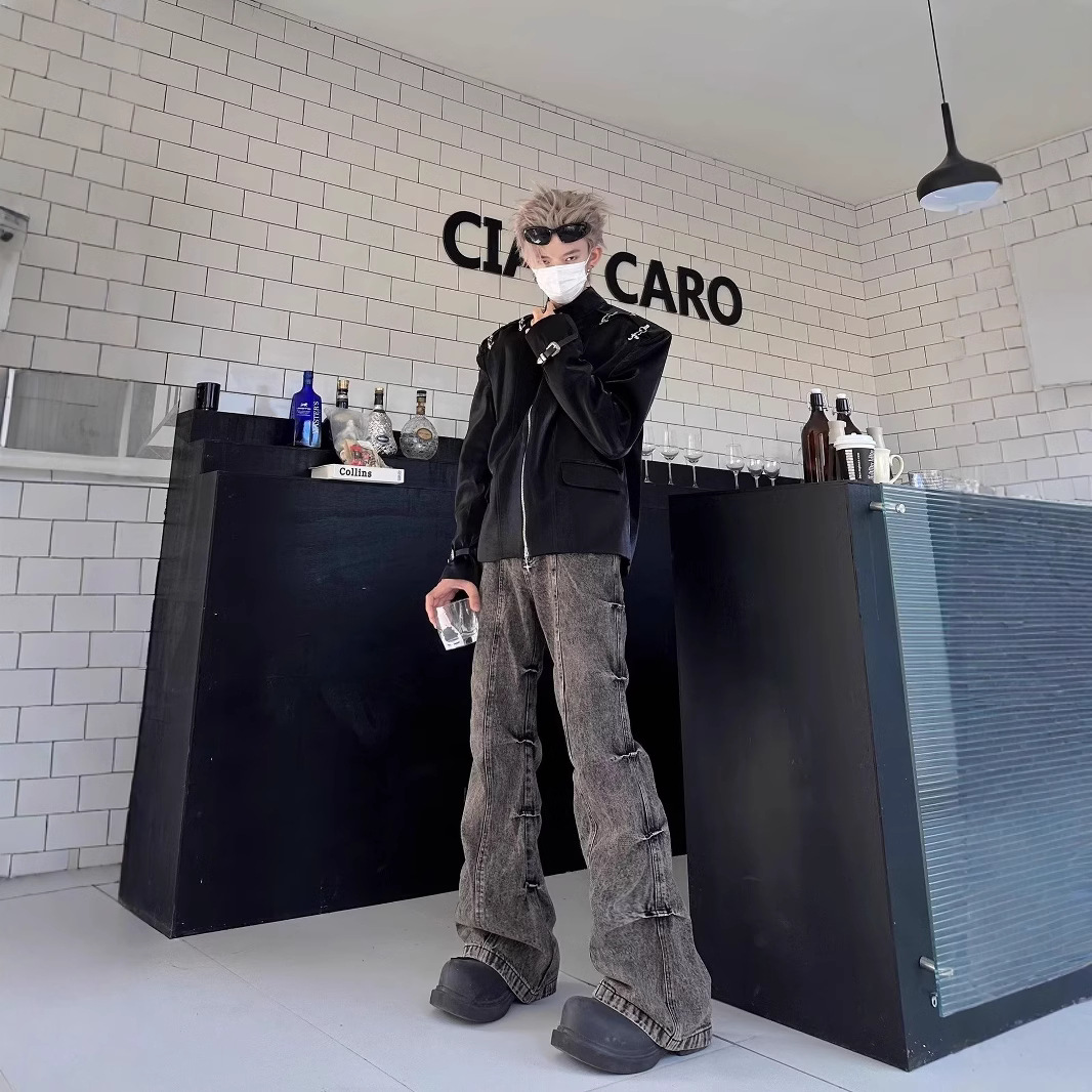 American High Street Vintage Worn-out Earth-tone Washed Pleated Flared Jeans Men's Wide-leg Trendy Long Pants_mkmklike.com