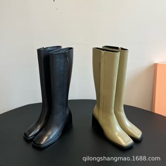 高端小众2025秋冬真皮方头复古粗高跟侧拉链高筒骑士靴不过膝长靴