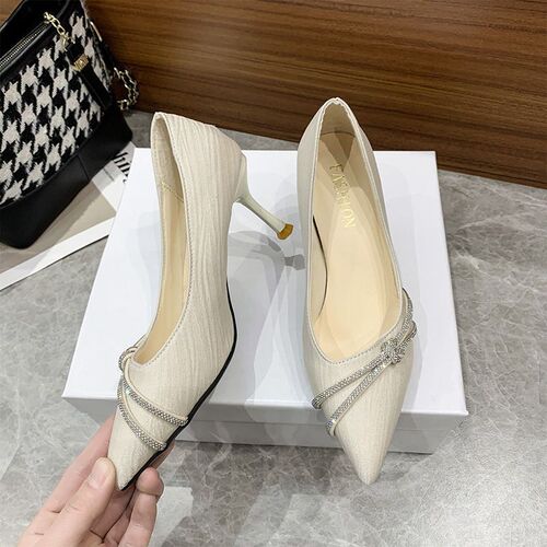 Spring/Autumn New Korean Style Water Diamond Pointed Toe Single Shoes for Women, Slim Heel, Fashionable and Versatile French Fairy Shoes, High Heels for Women