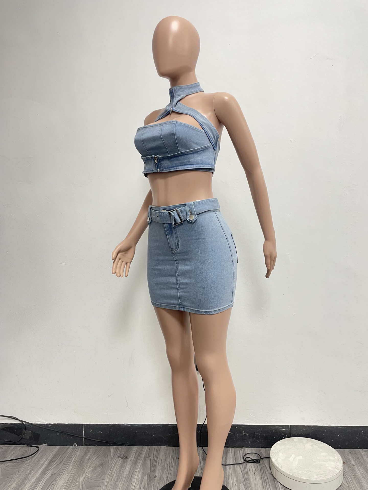 Washed Stretch Denim Halter Zipper Sexy Casual Skirt Set