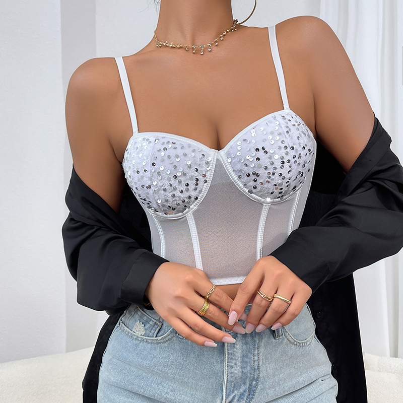 Nuevos productos transfronterizos de malla sexy anillo de acero transpirable hueso de pez lámina brillante corsé con cojín de copa bajo pecho delgado chaleco de cabina