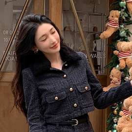黑灰色水洗做旧牛仔长袖毛领外套上衣MIU风两件套装 这里是外套