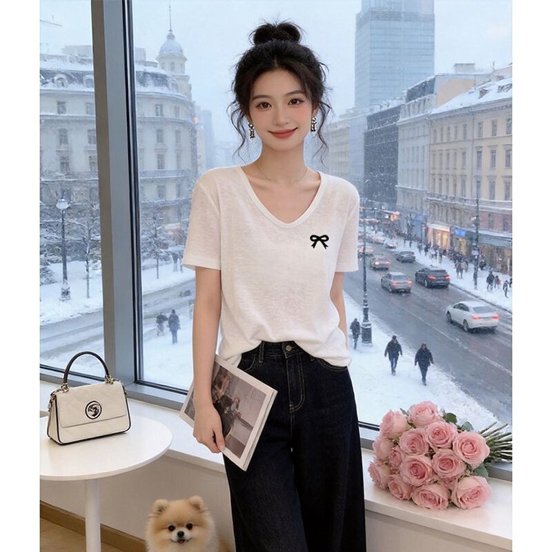 2026 New Women's V-Neck White T-Shirt Short-Sleeve Slim-Fit Fashion Top for Petite Figures with a High-End Feel, Made of Bamboo Cotton for Summer 2026 New Women's V-Neck White T-Shirt Short-Sleeve Slim-Fit Fashion Top for Petite Figures with a High-End Feel, Made of Bamboo Cotton for Summer