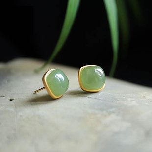 Xiaohongshu Authentic Second Generation Midsummer Hetian Jade Jasper Square Earrings Silver-Plated Gilt Craft Earrings Simple Earrings