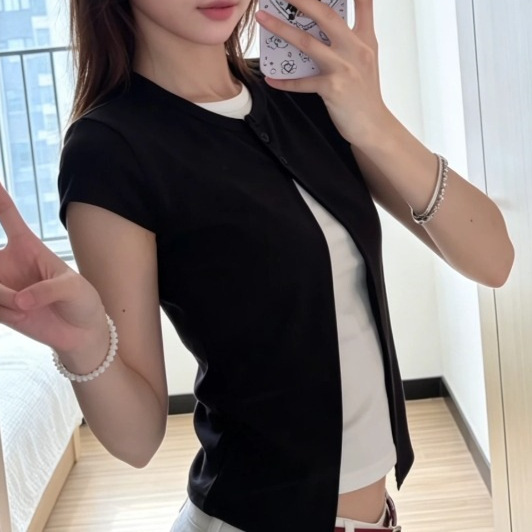 Summer custom-cut round-neck faux two-piece formal shoulder short-sleeve T-shirt for women, slim-fit, slimming, short, versatile top