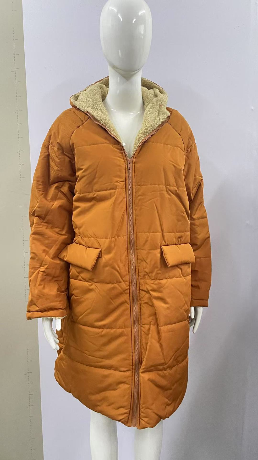 2023 Amazon europea y americana de color sólido con capucha de algodón acolchado chaqueta de manga larga de doble cara desgaste Delgado temperamento Chaqueta de punto superior image 18