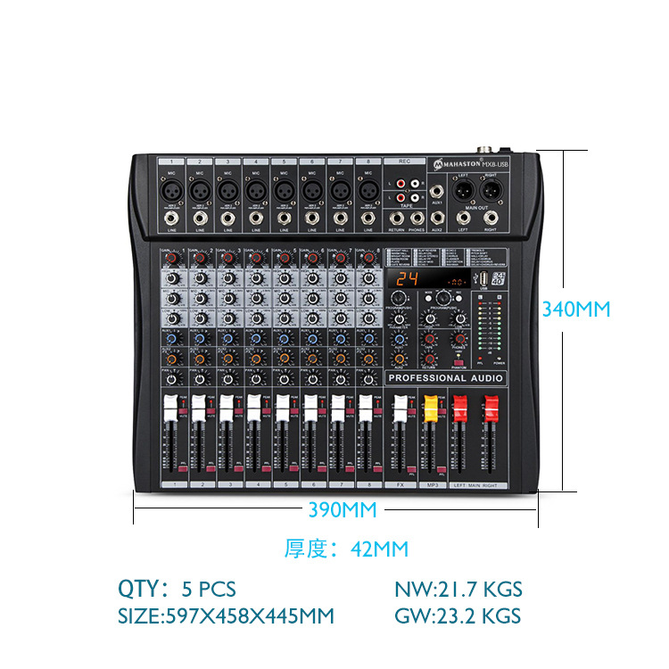 전문 8 웨이 믹서 내장 DSP 효과 USB 블루투스 잔향 무대 바 성능 웨딩 KTV 홈 믹스