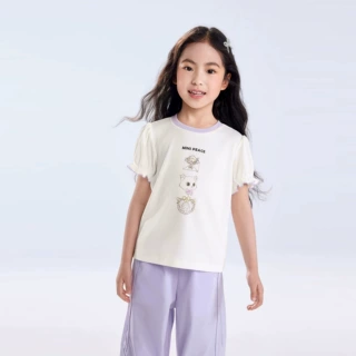 夏季新款女童甜美可爱撞色圆领套头T恤可爱卡通印花柔软舒适短袖T