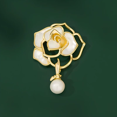 Imitation Mother-Of-Pearl Camellia Brooch, High-End Women's Luxury Elegant Pearl Corsage, Niche Design Pin, Suit Accessories (Yaxa sancaqları) - golden-white-imitation-shell-camellia