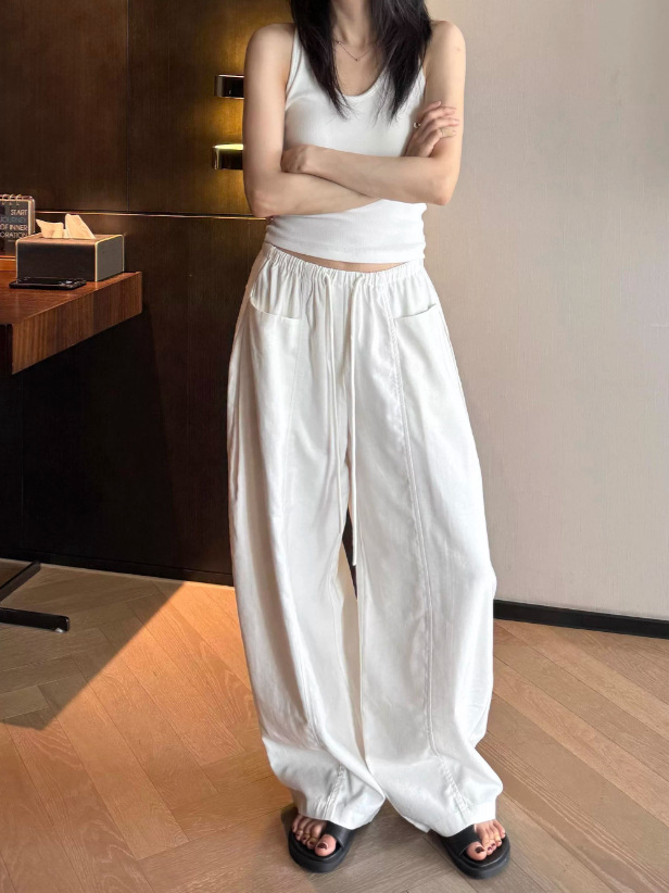 Quần culottes nữ ống rộng cạp thun dây rút vải linen mùa hè — màu đen, màu trắng ngà