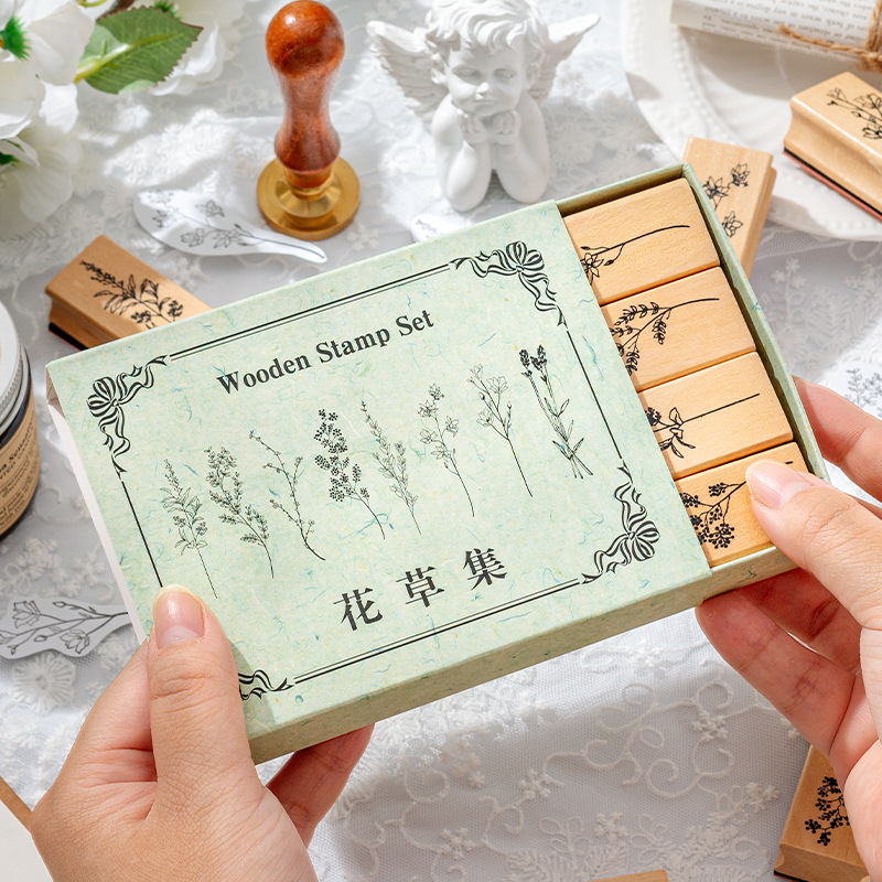 Flores y plantas, sello de caja de madera, flor fresca, flor, sello de decoración, sello de flores transfronterizas