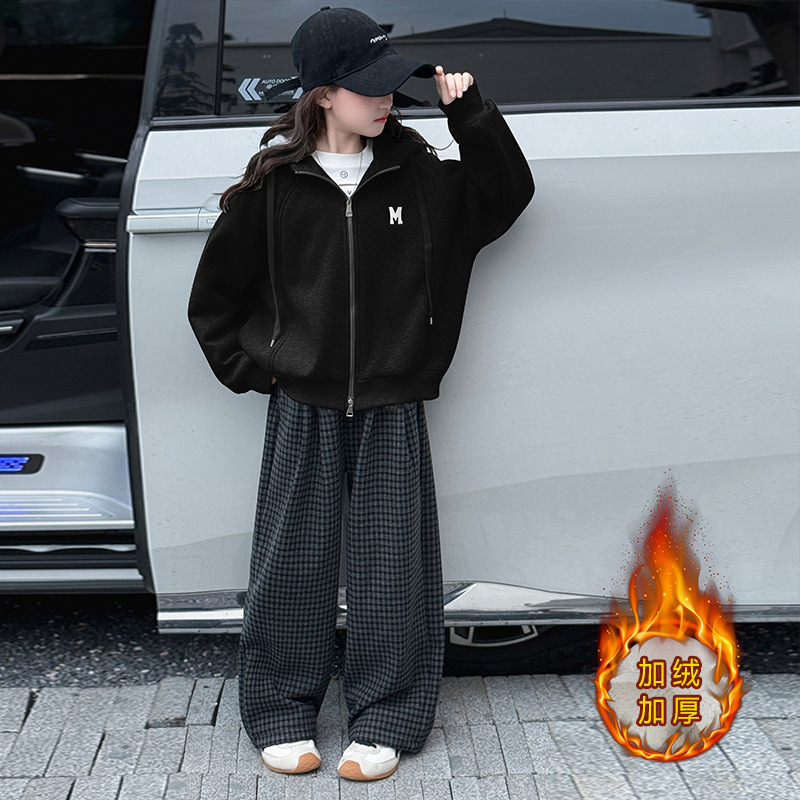 女童秋冬套装加绒加厚卫衣外套2025新款洋气大童韩系格子裤两件套