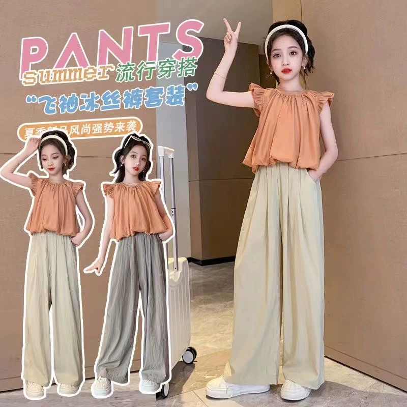Девочки подходят летние новые средние и большие дети свободная одежда с драпировкой для девочек повседневные верхние широкие брюки из двух частей модный костюм