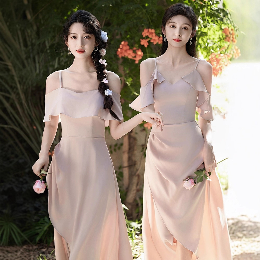 Bridesmaid Dress Champagne Color Cross-Border Spring High-End Fairy Slim Graduation Dress Bestie Sister Dress Ready Stock
