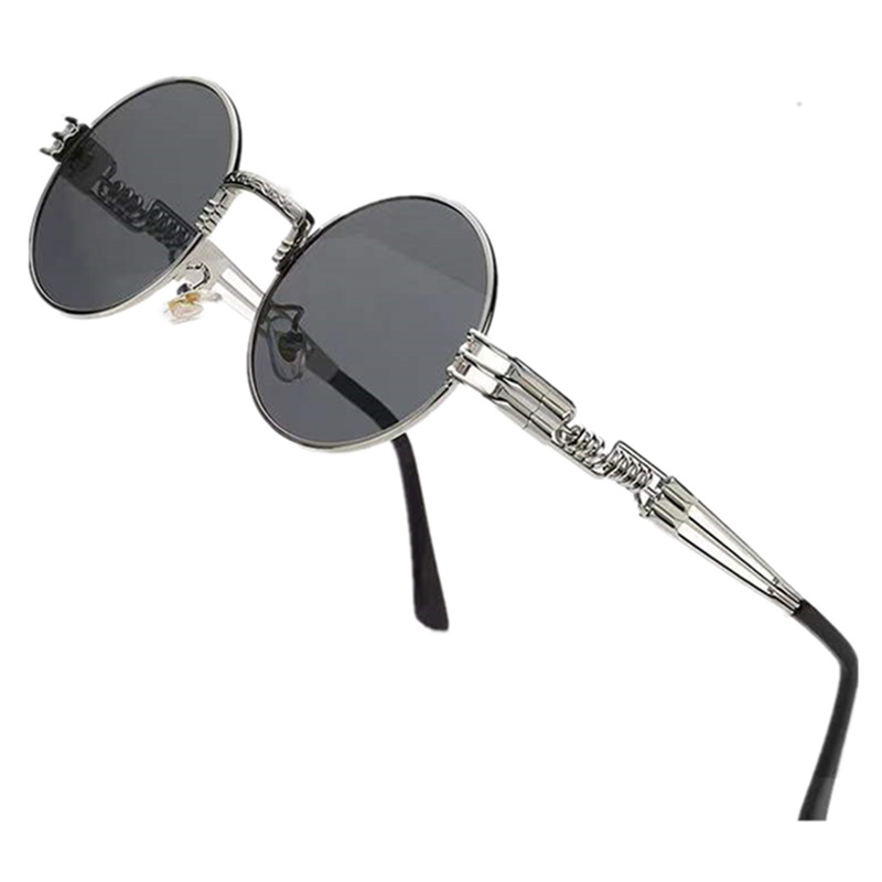 欧美太阳镜蒸汽朋克小圆镜复古金属框墨镜圆厚边框新款弹簧腿眼镜|ms