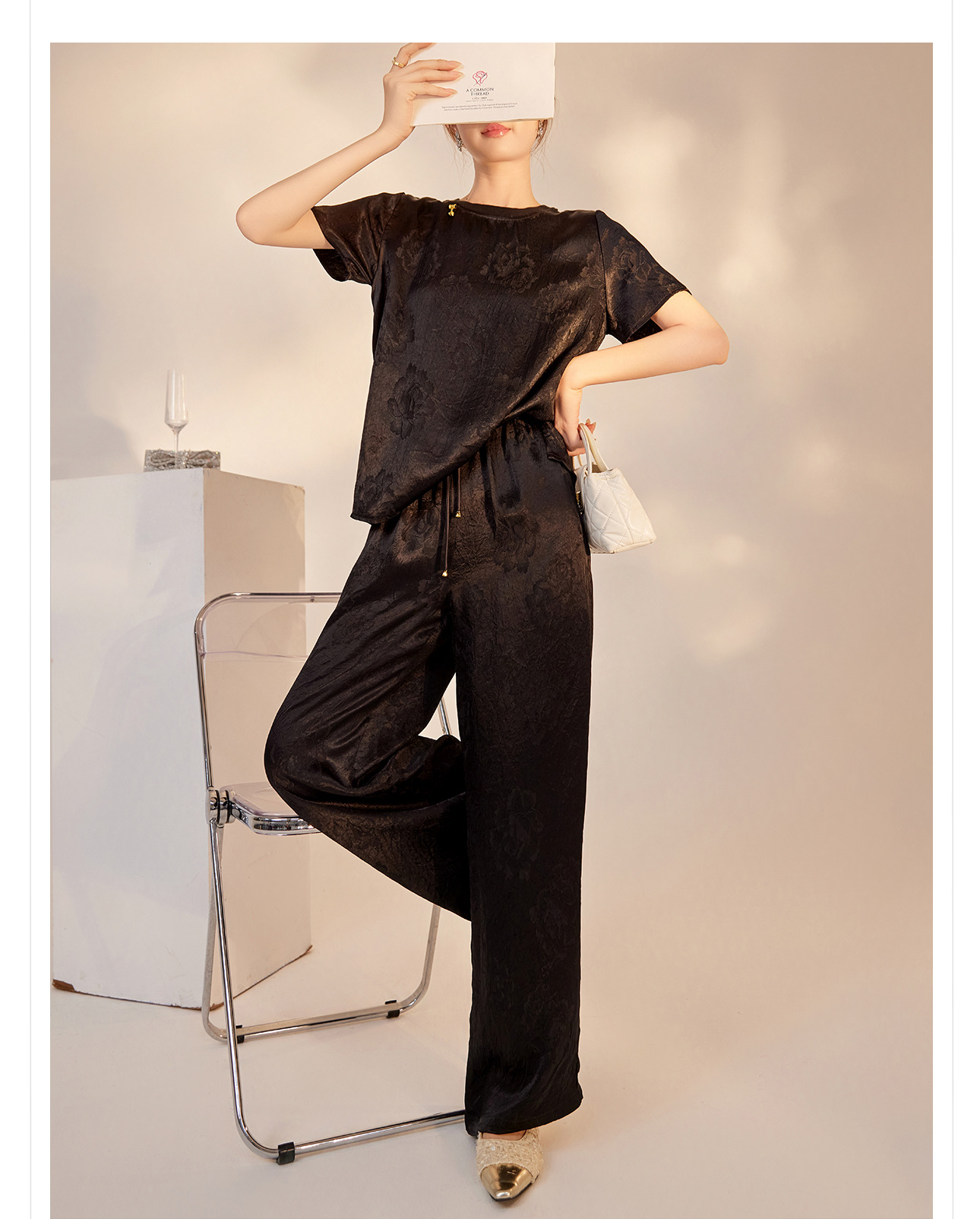 Áo kiểu Trung Quốc mới tay ngắn thêu hoa văn jacquard vải acetate thon gọn — Màu đen, Màu vàng, Màu hồng, Màu mơ chi tiết 33