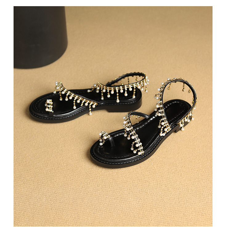 Dép sandal nữ xỏ ngón đế bệt da bò phong cách La Mã tua rua ngọc trai — Màu nâu, Màu đen, Màu trắng be chi tiết 20