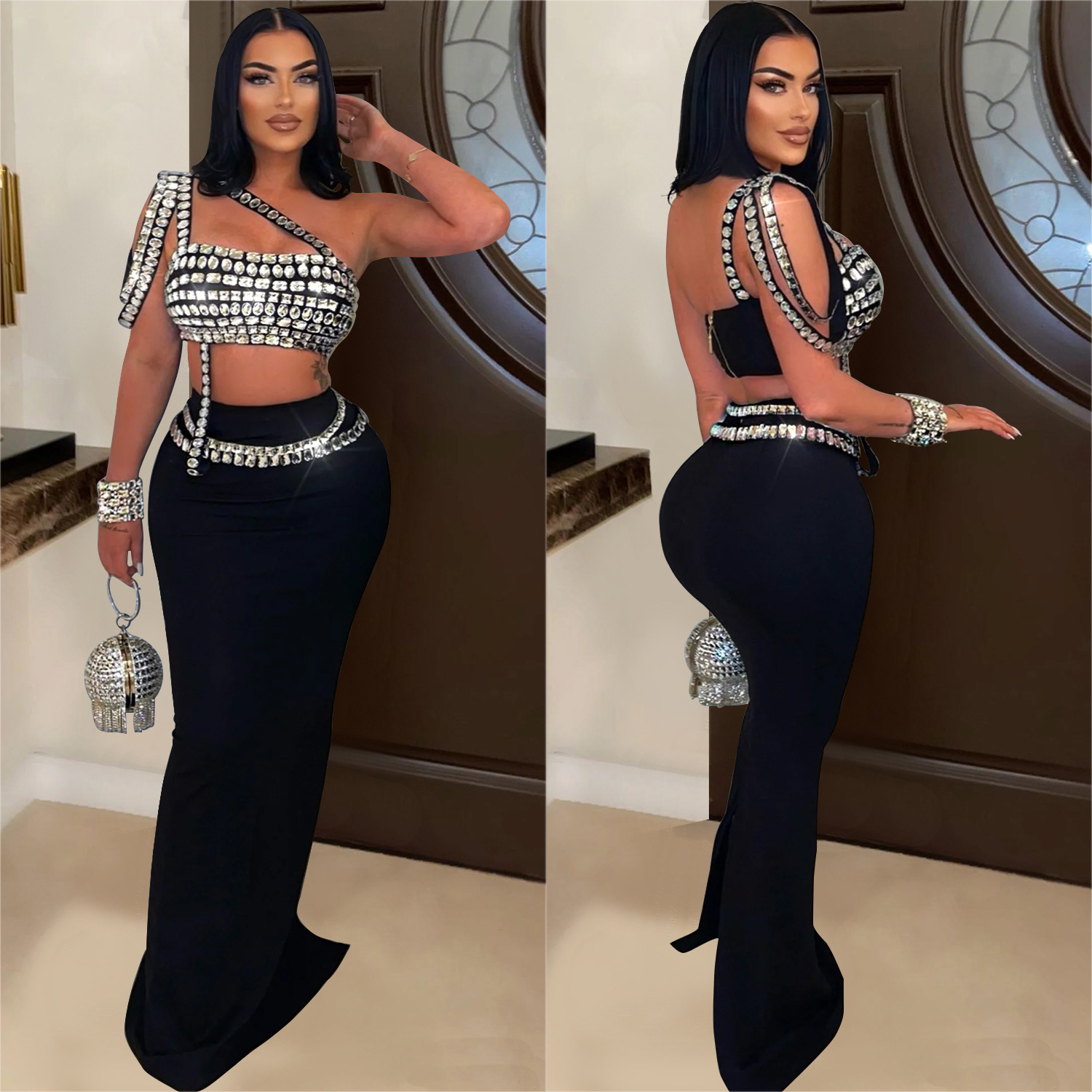 C6972 AliExpress transfronterizo Amazon estación independiente de moda europea y americana ropa de mujer nueva cinturón corta mitad de falda de diamante caliente