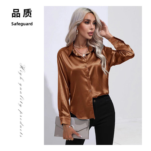 色丁衬衫女缎面仿真丝长袖亚马逊纯色上衣优雅纽扣前翻领衬衫