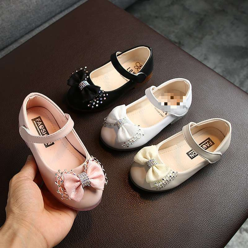 New Children's Korean Style Girls' Princess Small Leather Shoes Crystal Soft Sole Sequin Bow Dance Shoes for Small and Medium-Sized Children