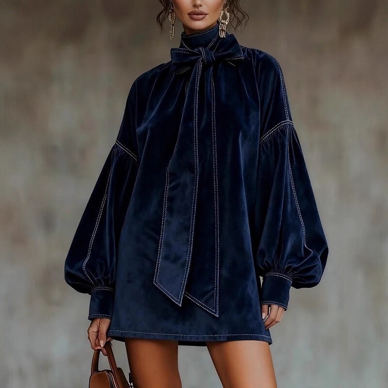 2025 European and American Independent Fashion Website New High-Neck Velvet Mini Dress with Bow and Puff Sleeves