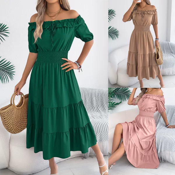 2026 Autumn/Winter European and American Casual Off-Shoulder Ruffled Short-Sleeve Cinched Waist Long Dress Independent Cross-Border Women's Fashion