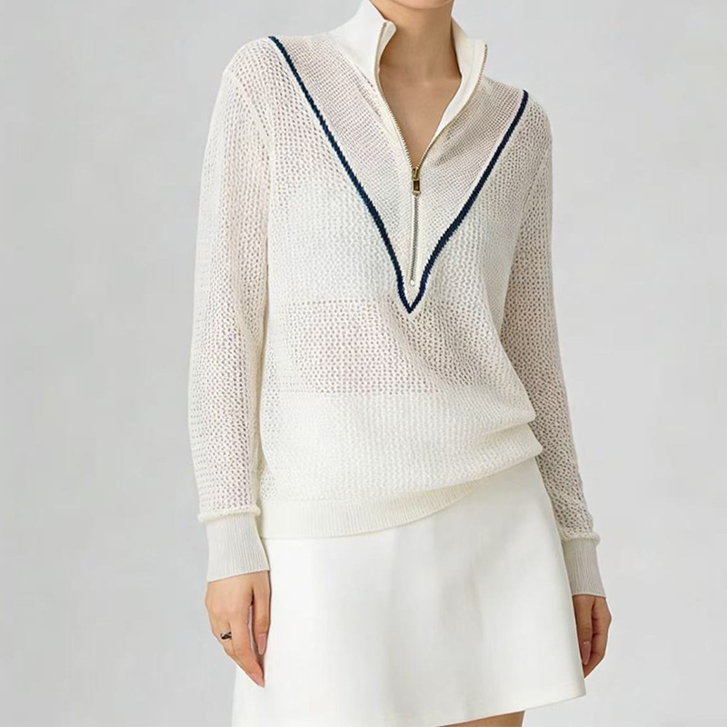 2026 New Foreign Trade Style Hollow-Out Knit Sweater, White V-Neck, Tennis Old Money Style, Loose Outerwear, Women's Sports Cover-Up 2026 New Foreign Trade Style Hollow-Out Knit Sweater, White V-Neck, Tennis Old Money Style, Loose Outerwear, Women's Sports Cover-Up