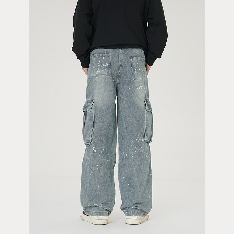 Vintage Cargo Jeans For Men – Distressed Multi-Pocket Streetwear Pants With Splatter Paint & Oversized Fit (S-XXXL) – Grunge Revival Essential_mkmklike.com