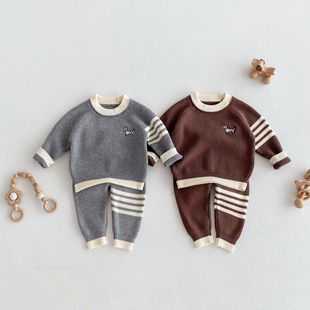 Korean Autumn and Winter New Children's Wear Infant Long-sleeved Trousers Puppy Embroidered Four-bar Contrast Knitted Two-piece Suit
