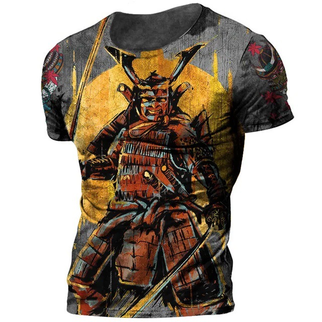 Tinta Jianghu Swordsman 3D Impresión digital Moda de la calle principal para hombres Camiseta de cuello redondo de manga corta transpirable de malla suelta