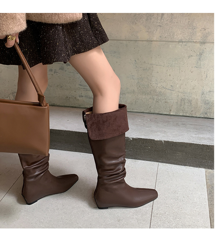Boot nữ cổ cao quá gối da thật mũi vuông gót xuồng tăng chiều cao — màu nâu, màu đen chi tiết 25