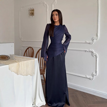 跨境欧美外贸女装2025秋季新款收腰褶皱圆领礼服修身系带连衣裙