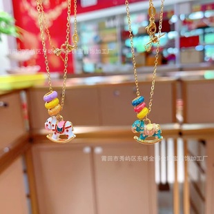 New Gold Necklace Cartoon High Temperature Burnt Blue Macaron Pure Gold 999 Rocking Horse Pendant Colorful Clavicle Chain