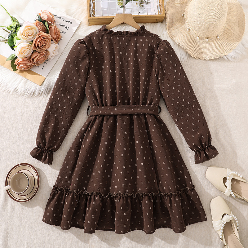 Vestido de Manga Larga para Niñas con Cinturón de Poliéster para Primavera y Otoño