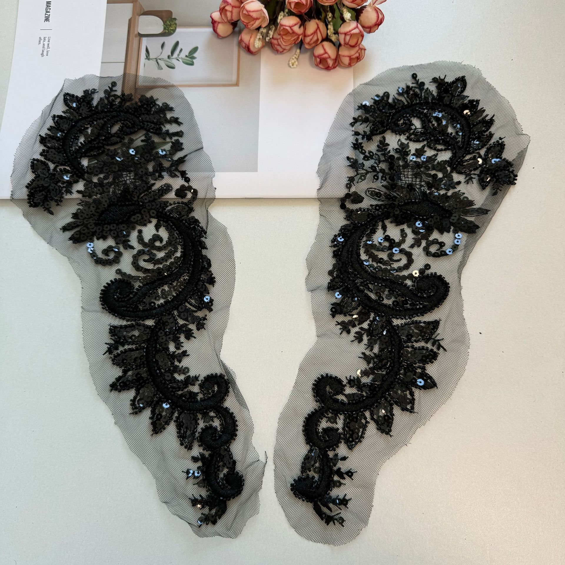 黑色对花珠绣领子重工亮片刺绣 辅料DIY服装手工衣服婚纱礼服ZH30