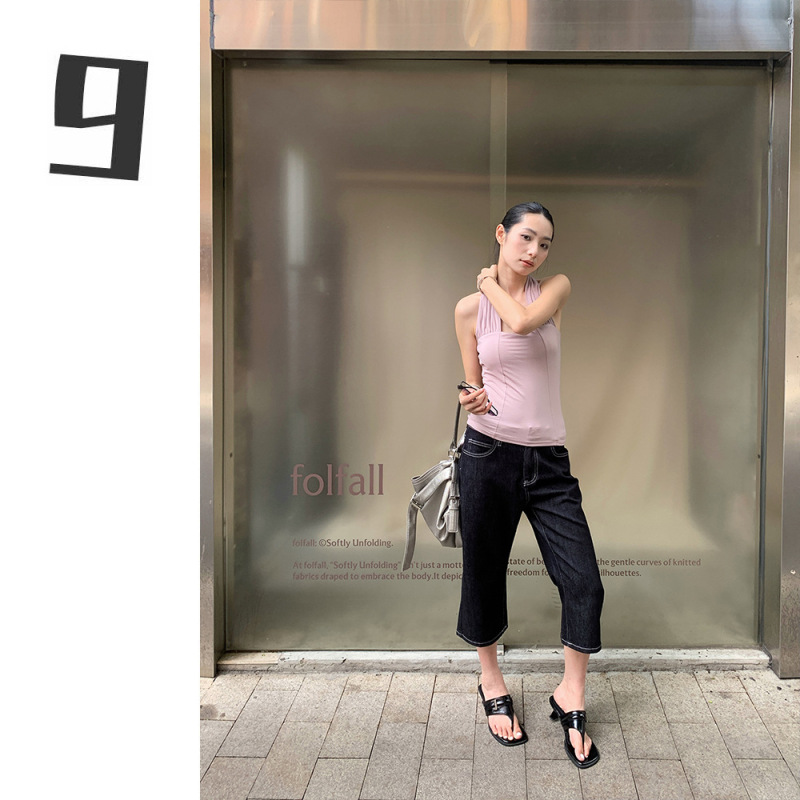 [9Hour] Original Low-Waist Slightly Flared Denim Cropped Pants for Women, Summer Retro Straight-Leg Slimming Mid-Length Pants Hc1514