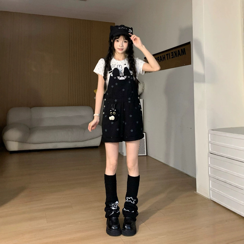 Sweet and Cute Kitten Star Print Denim Overalls for Women, Summer Loose Fit, Age-Reducing, Adorable Petite Wide-Leg Shorts