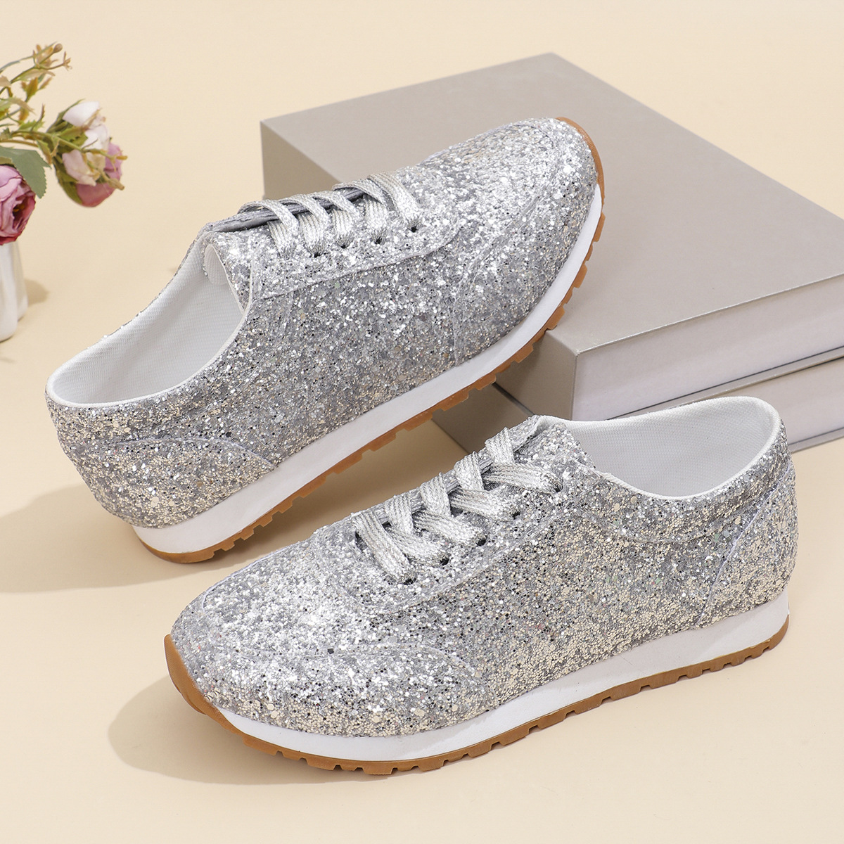 Beautiful Sequin Lace-up Flat Casual Sports Single-layer Shoes Women - VAleG