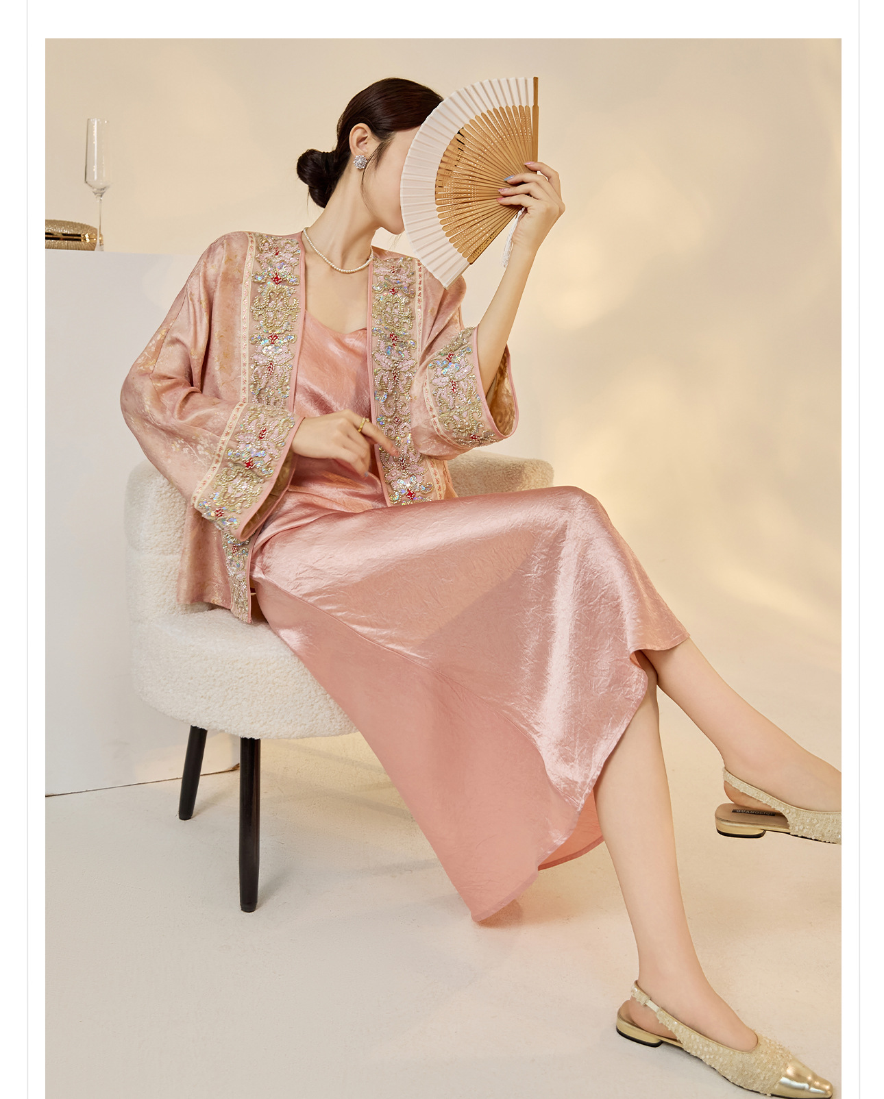 Áo khoác cardigan thêu hoa nặng kiểu Trung Hoa mới, đính cườm cao cấp N7065 — hồng chi tiết 6