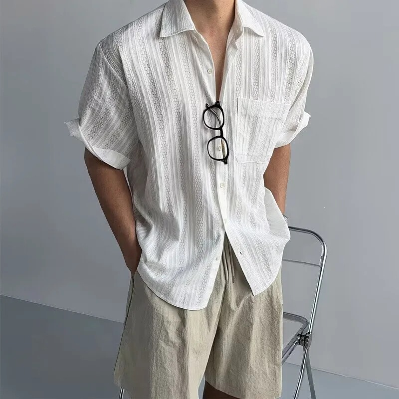 Japanese Retro Hollow Mesh Short-Sleeved Shirt for Men, Summer Lightweight Trendy Korean Style Versatile Loose Casual Shirt